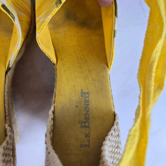 L. K. Bennett Size 40 (US 8.5) Yellow Lace Up Wedge Heels Floral Print Textile - Picture 15 of 16